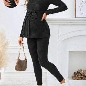 SHEIN Black Ribbed Maternity Knit Legging Set with Tunic